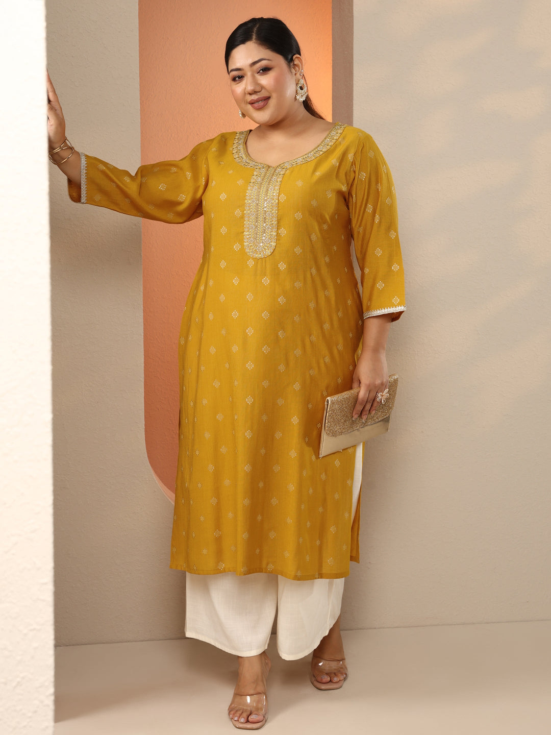  Plus Size Yellow Woven Design Silk Blend Straight Kurta 