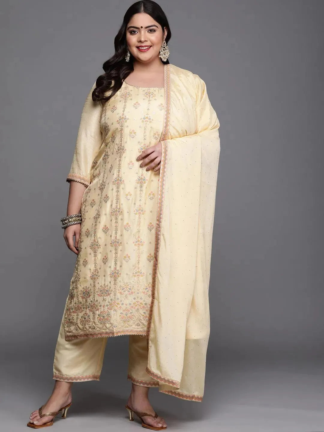 Plus Size Yellow Woven Design Silk Blend Suit Set - Libas