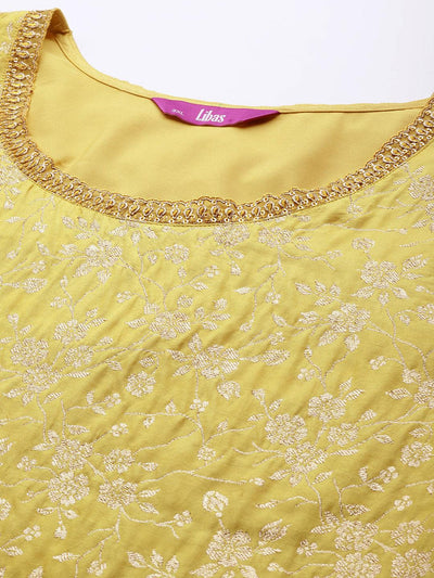 Plus Size Yellow Woven Design Silk Blend Suit Set - Libas