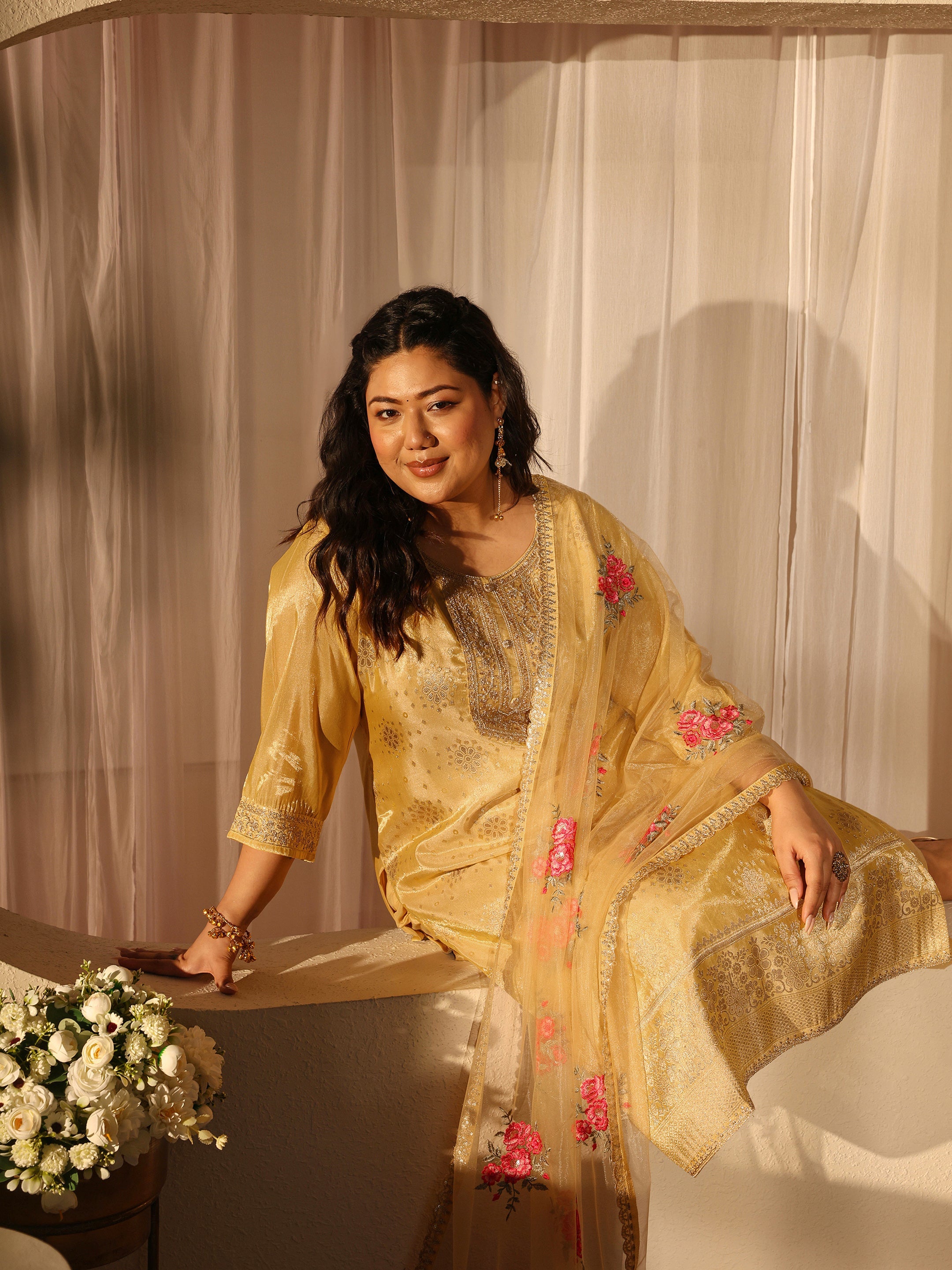 libas Plus Size Yellow Woven Design Silk Blend Straight Suit Set-picture-31