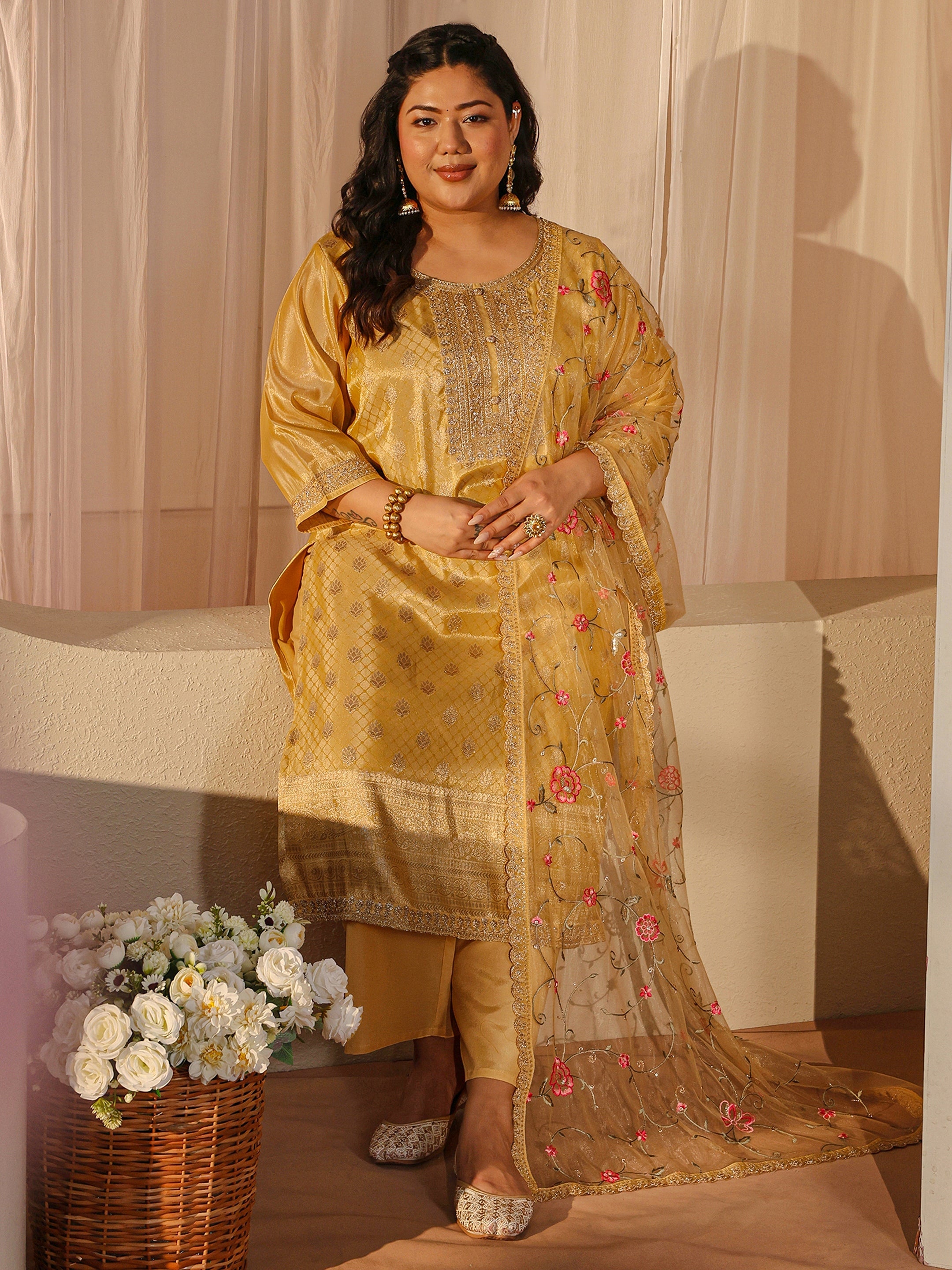 libas Plus Size Yellow Woven Design Silk Blend Straight Suit Set-picture-28