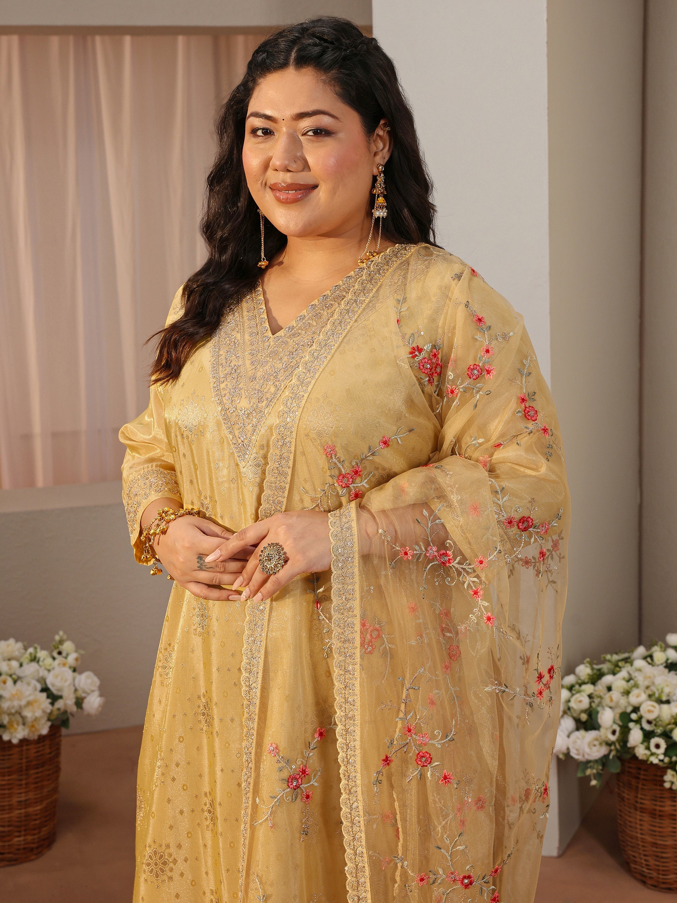 libas Plus Size Yellow Woven Design Silk Blend Straight Suit Set-picture-25
