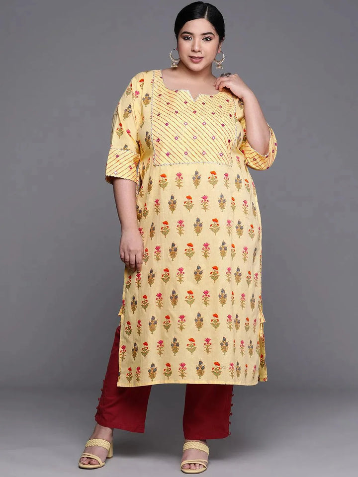 Plus Size Yellow Yoke Design Cotton Kurta - Libas