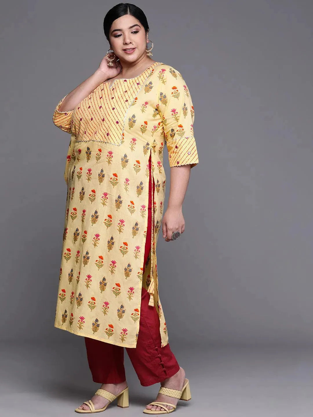 Plus Size Yellow Yoke Design Cotton Kurta - Libas 