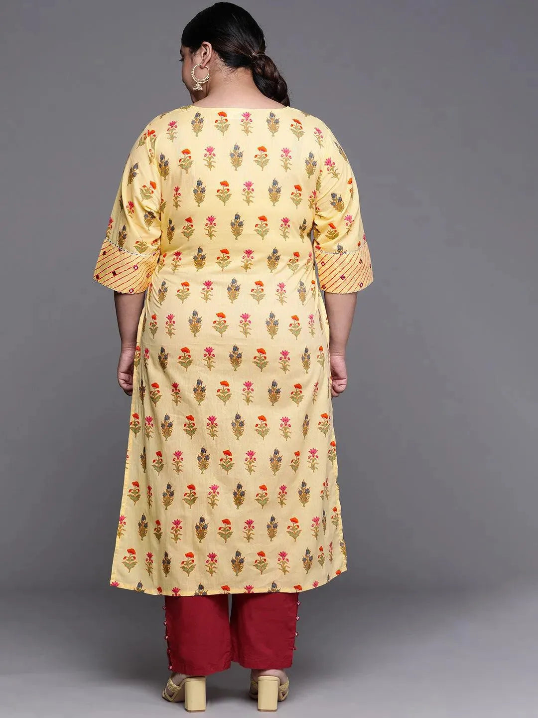 Plus Size Yellow Yoke Design Cotton Kurta - Libas 