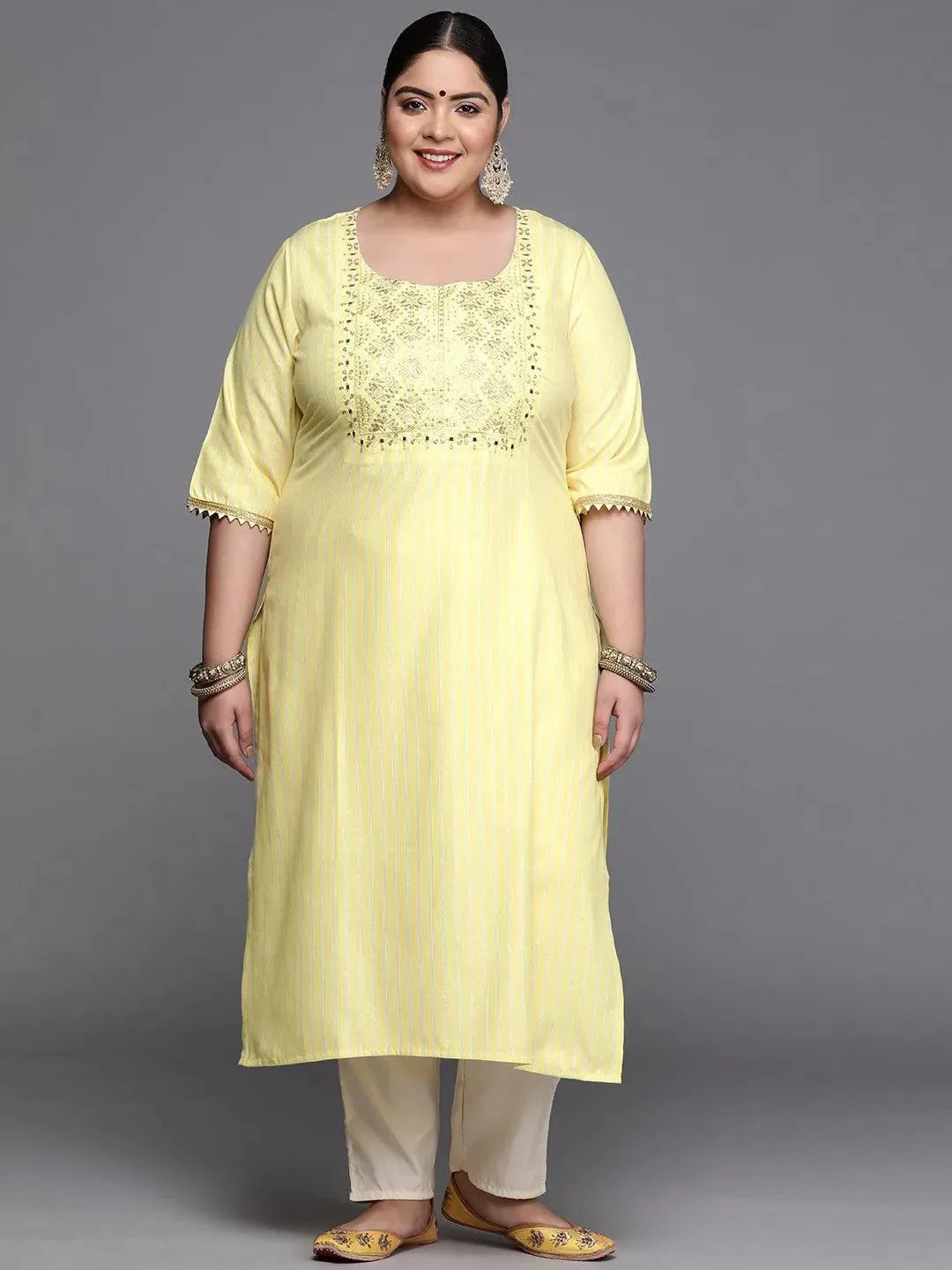 Plus Size Yellow Yoke Design Cotton Silk Kurta - Libas