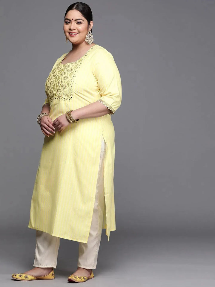 Plus Size Yellow Yoke Design Cotton Silk Kurta - Libas