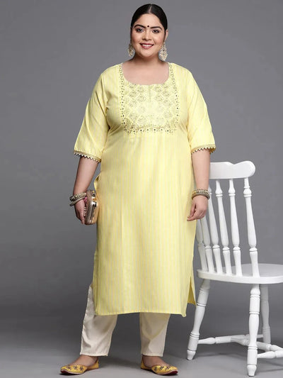 Plus Size Yellow Yoke Design Cotton Silk Kurta - Libas