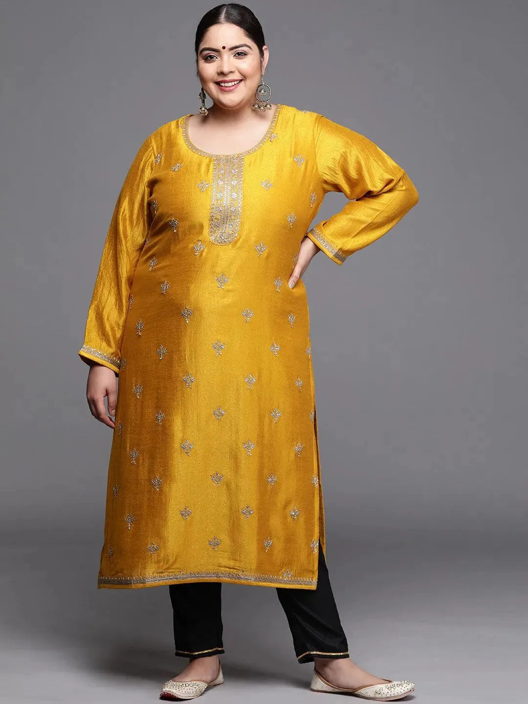Plus Size Yellow Yoke Design Silk Kurta - Libas 