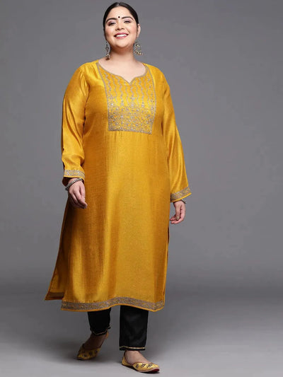 Plus Size Yellow Yoke Design Silk Kurta - Libas