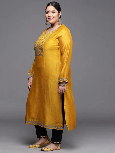 Plus Size Yellow Yoke Design Silk Kurta - Libas