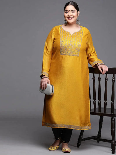 Plus Size Yellow Yoke Design Silk Kurta - Libas