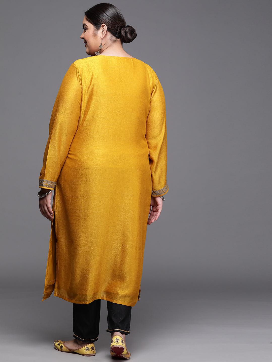 Plus Size Yellow Yoke Design Silk Kurta