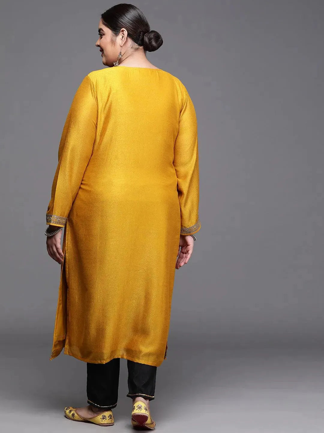 Plus Size Yellow Yoke Design Silk Kurta - Libas