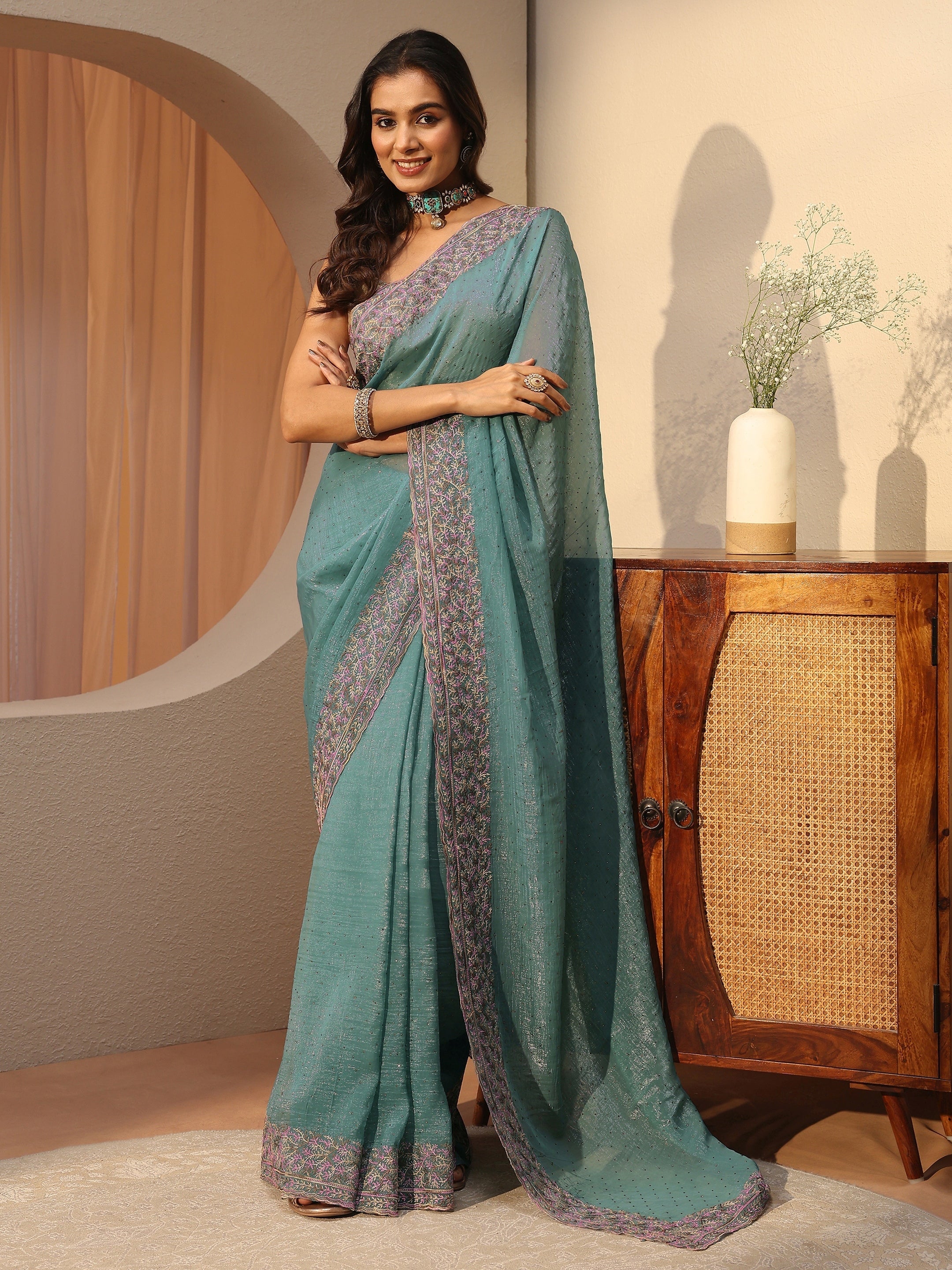 Powder Blue Embellished Tissue Saree-image-41