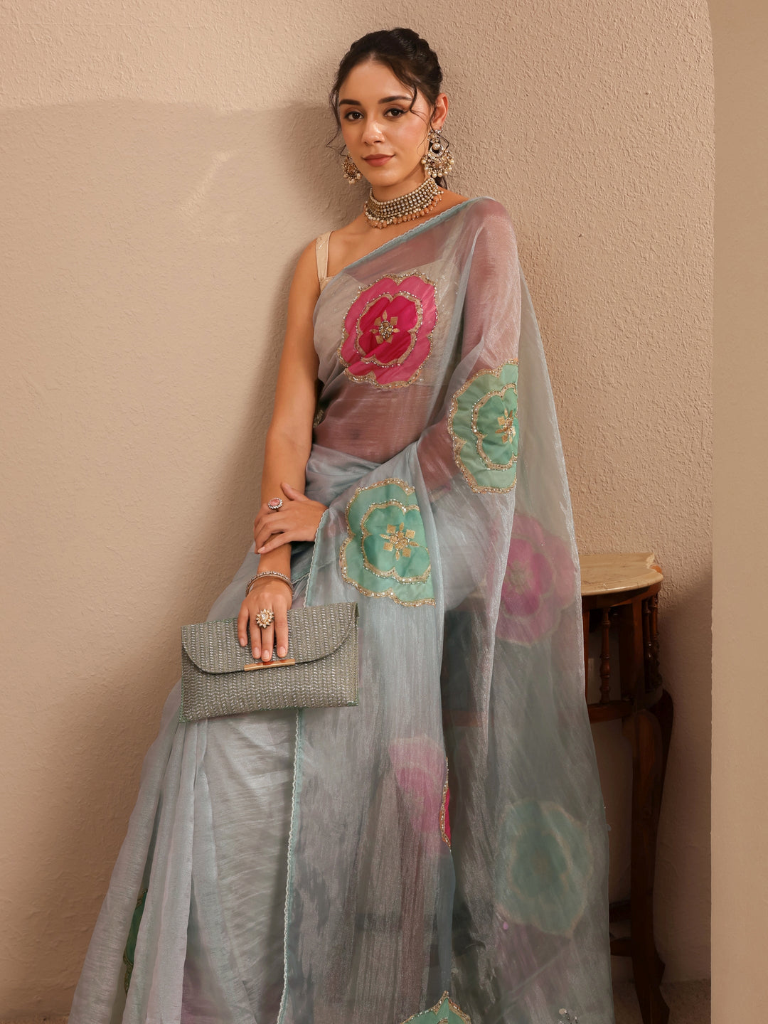  Powder Blue Floral Embellished Organza Saree 