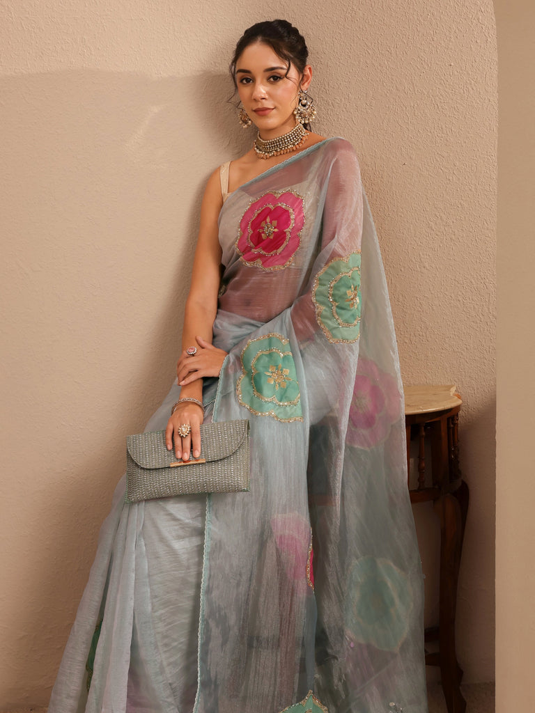 Libas Powder Blue Floral Embellished Organza Saree