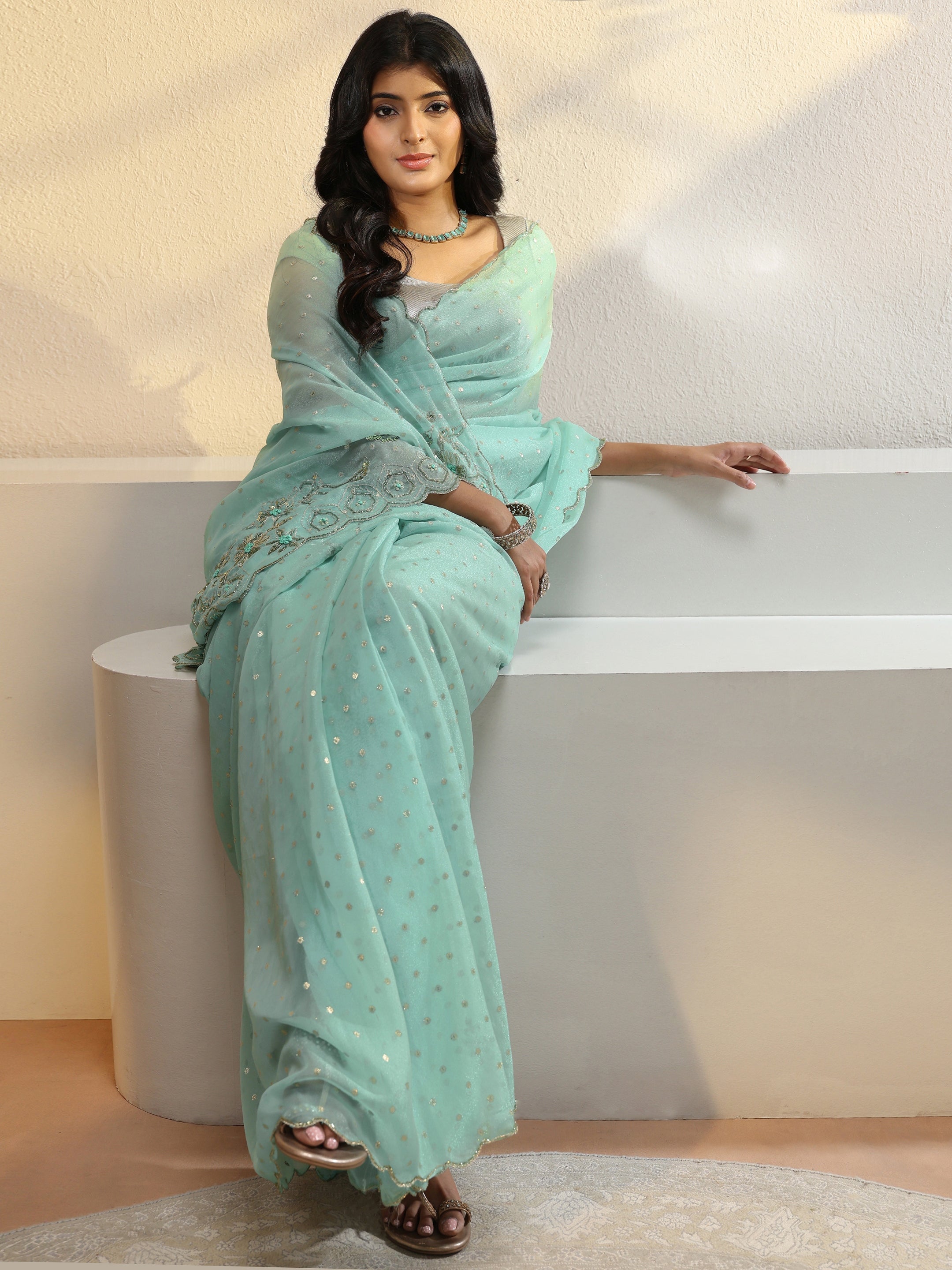 Powder Blue Floral Embellished Tissue Saree-image-3