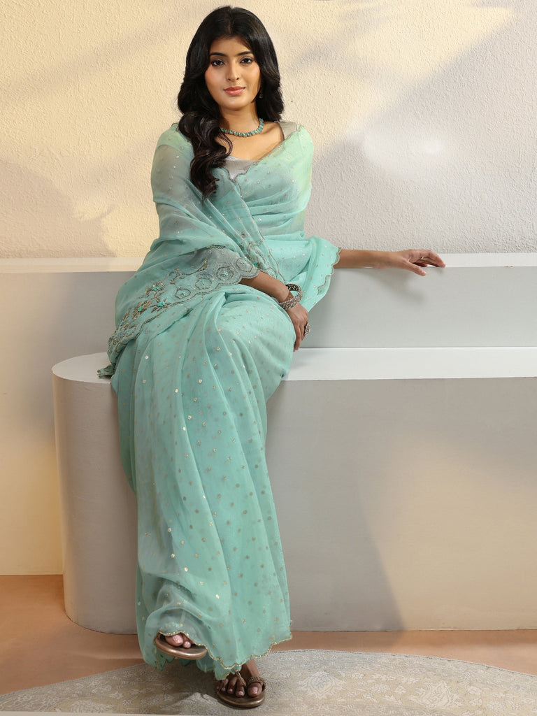 Libas Powder Blue Floral Embellished Tissue Saree