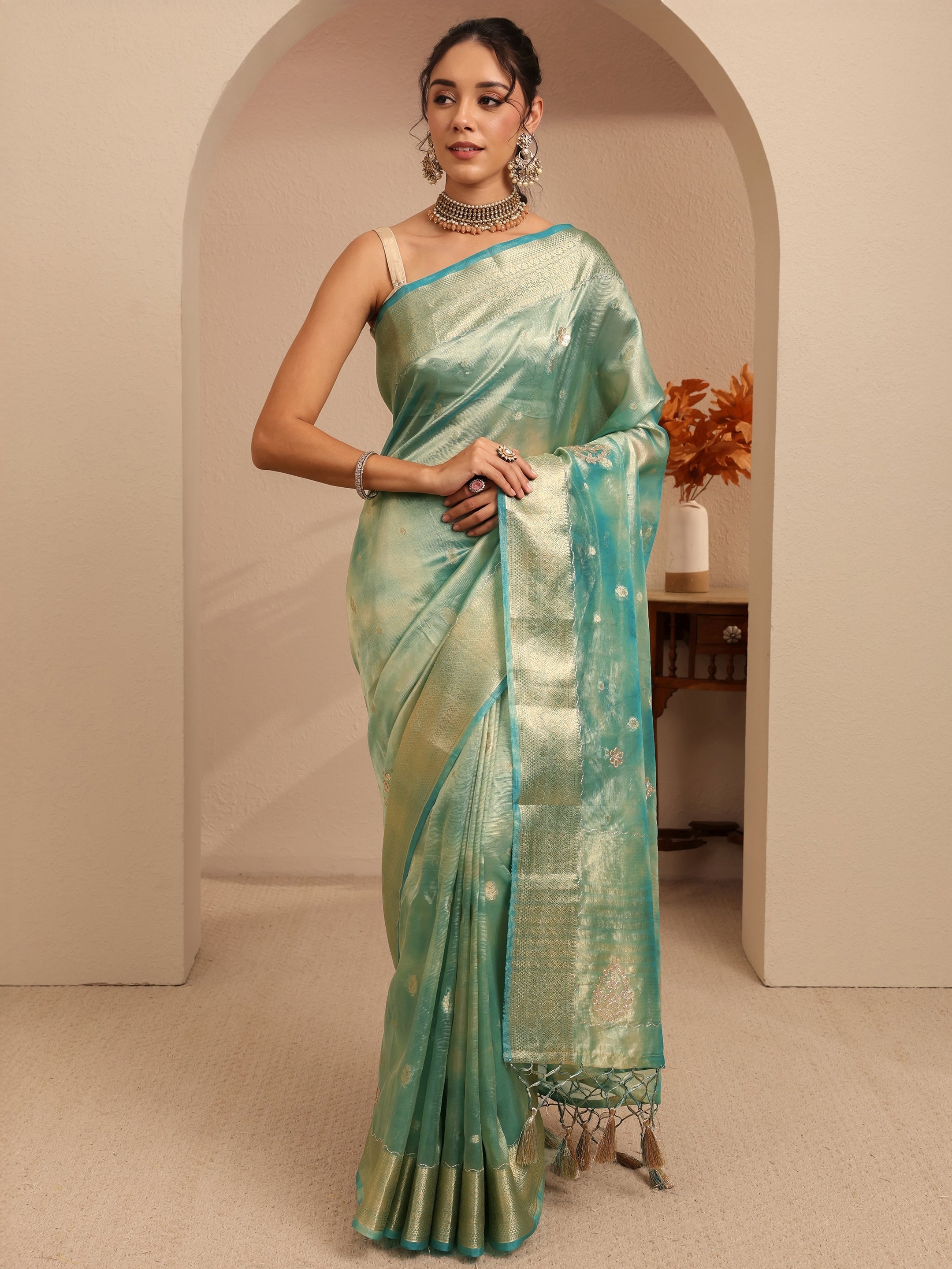 Powder Blue Floral Woven Design Silk Blend Saree-image-39