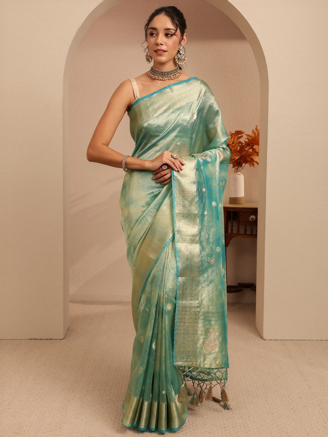  Powder Blue Floral Woven Design Silk Blend Saree 