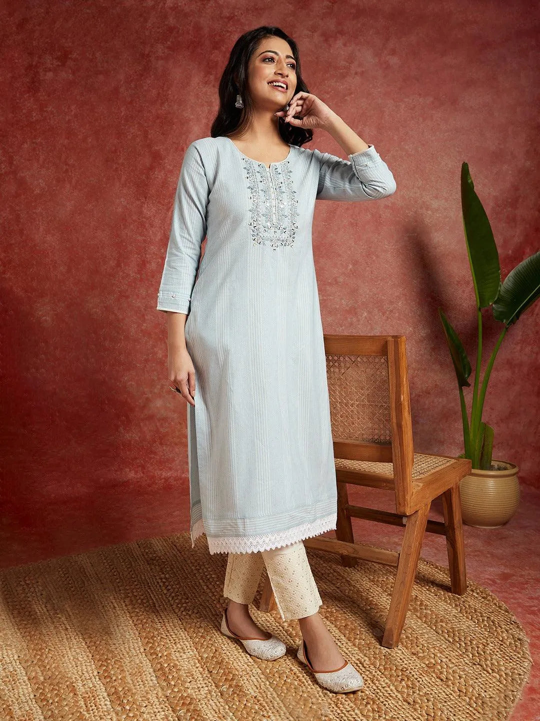 Powder Blue Yoke Design Cotton Straight Kurta - Libas 