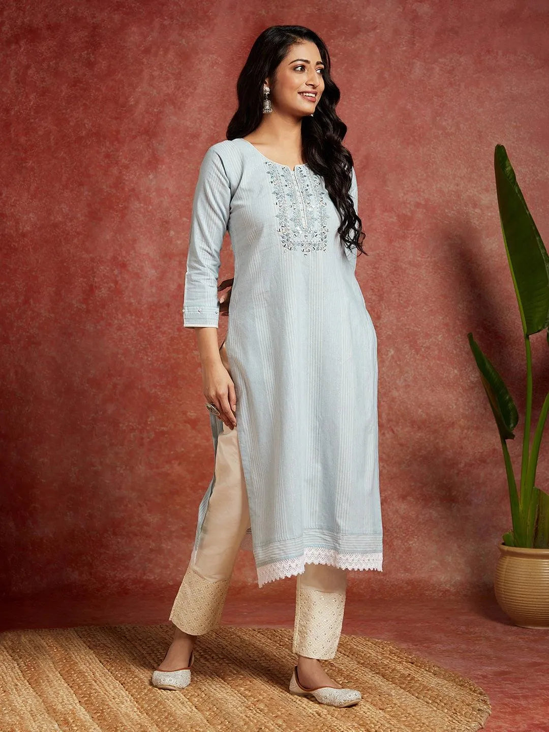 Powder Blue Yoke Design Cotton Straight Kurta - Libas 