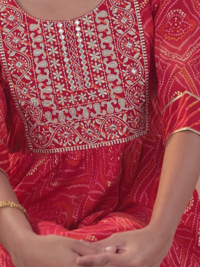 Orange Printed Silk Blend Anarkali Suit With Dupatta