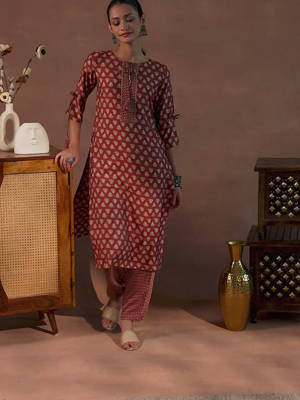  Rust Printed Silk Blend Straight Kurta Set 