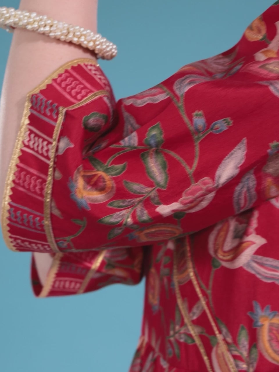  Red Printed Silk Blend Anarkali Suit With Dupatta 
