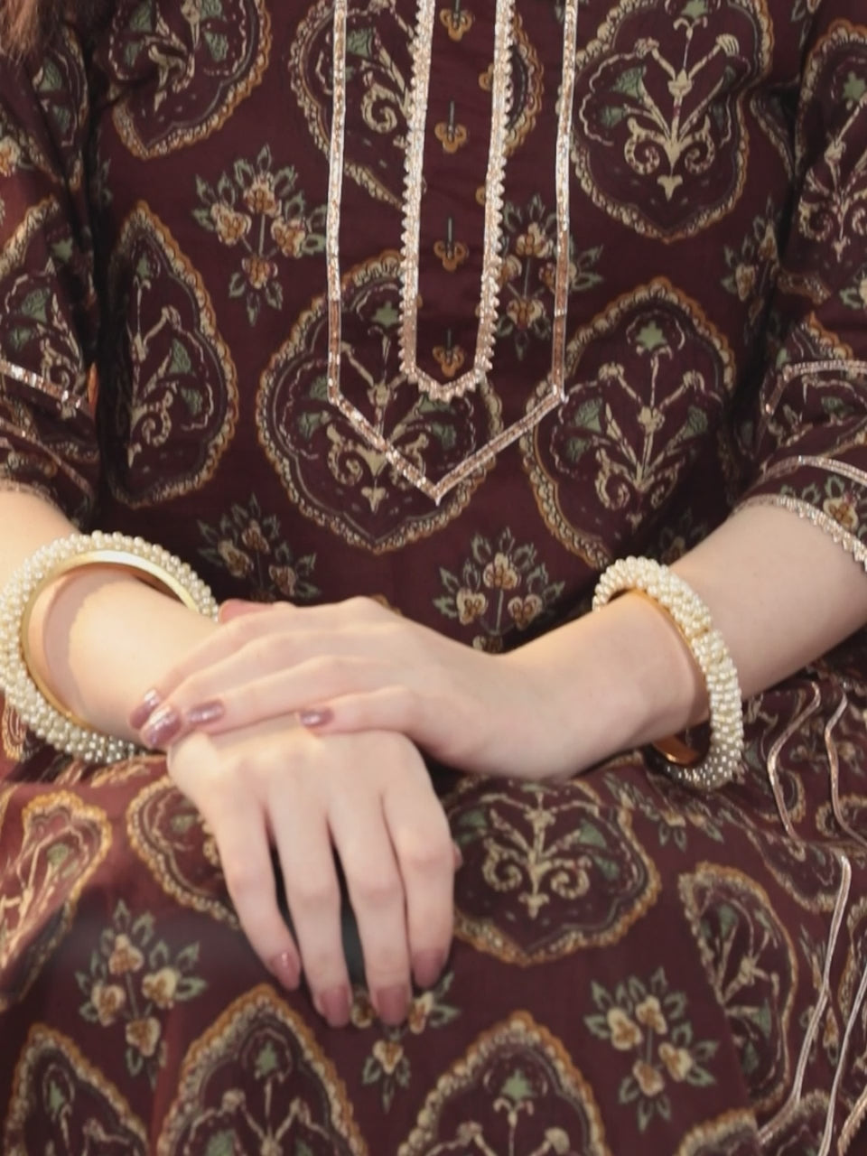 Brown Printed Cotton Straight Kurta With Trousers and Dupatta