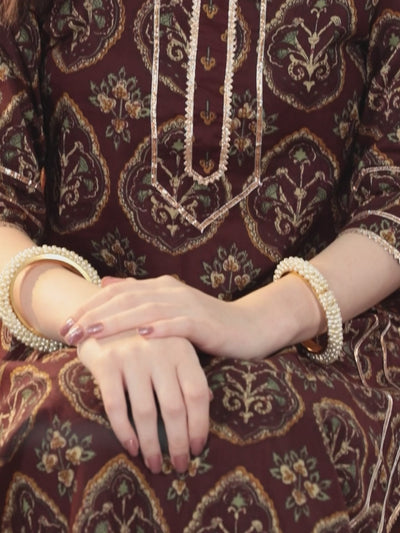 Brown Printed Cotton Straight Kurta With Trousers and Dupatta