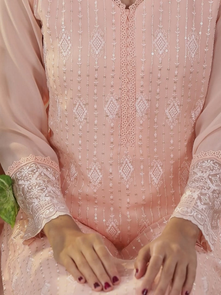 Peach Embroidered Georgette Straight Kurta With Trousers & Dupatta