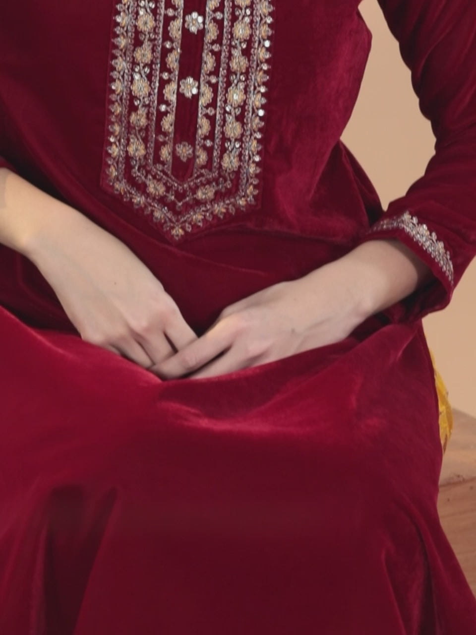  Maroon Yoke Design Velvet Straight Suit With Dupatta 