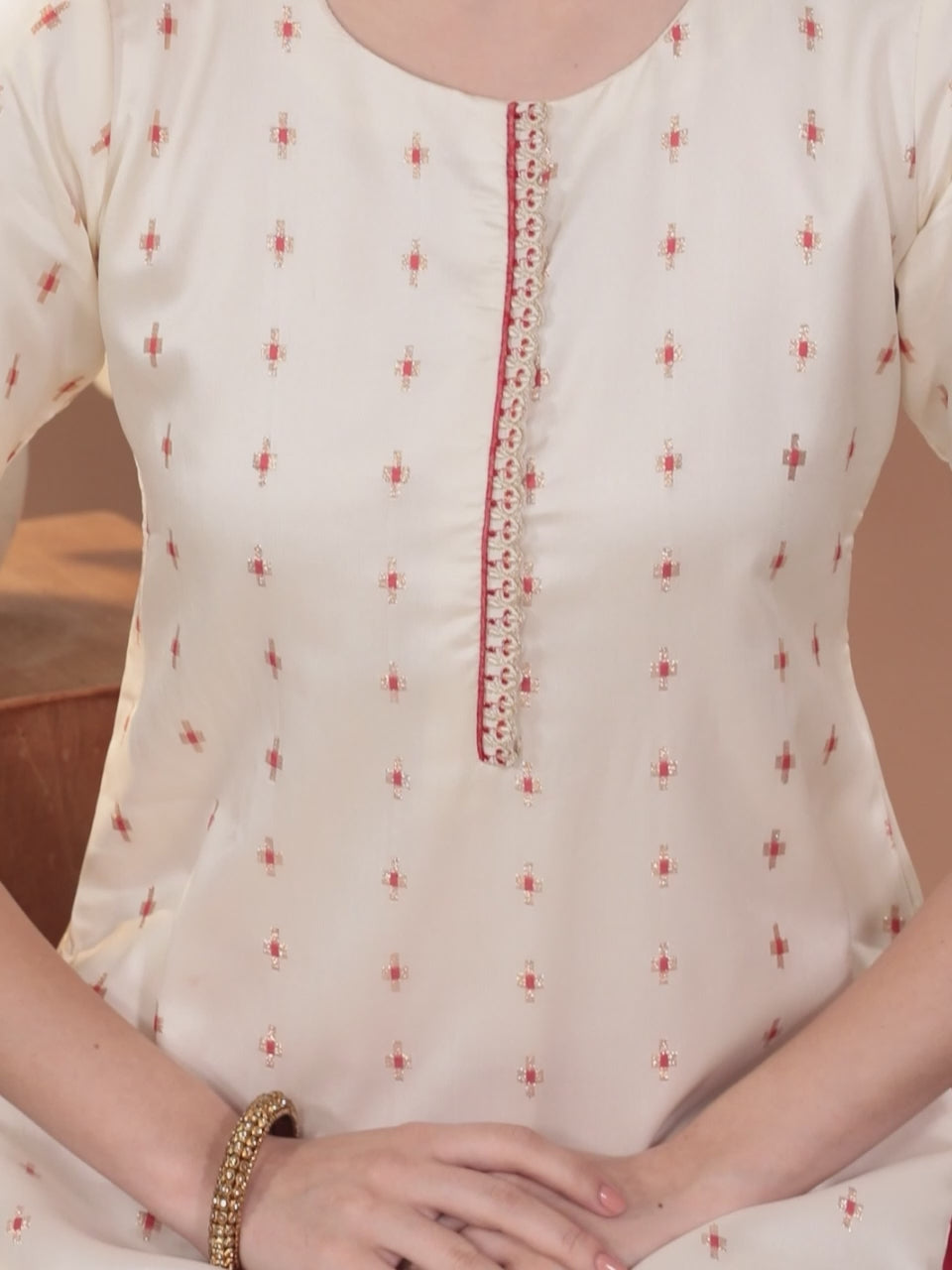  Cream Woven Design Silk Blend Straight Kurta With Trousers & Dupatta 