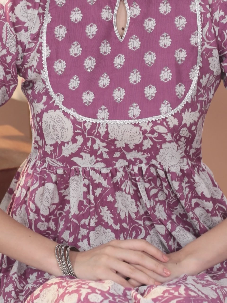  Mauve Printed Cotton Anarkali Kurta With Trousers & Dupatta 