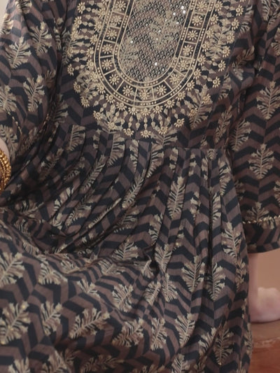 Blue Printed Silk Blend Anarkali Kurta With Trousers & Dupatta
