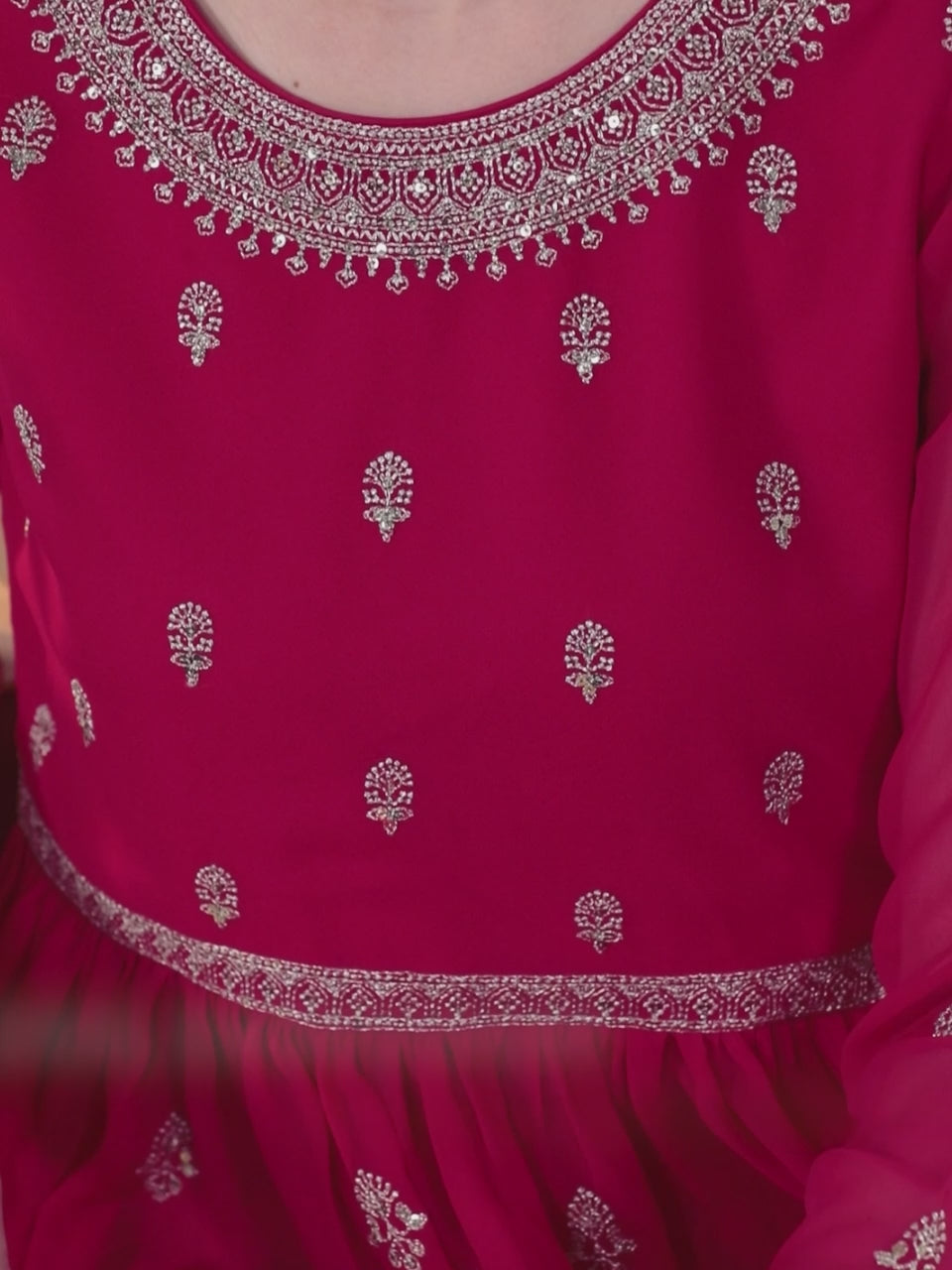 Hot Pink Embroidered Georgette A-Line Kurta With Palazzos & Dupatta