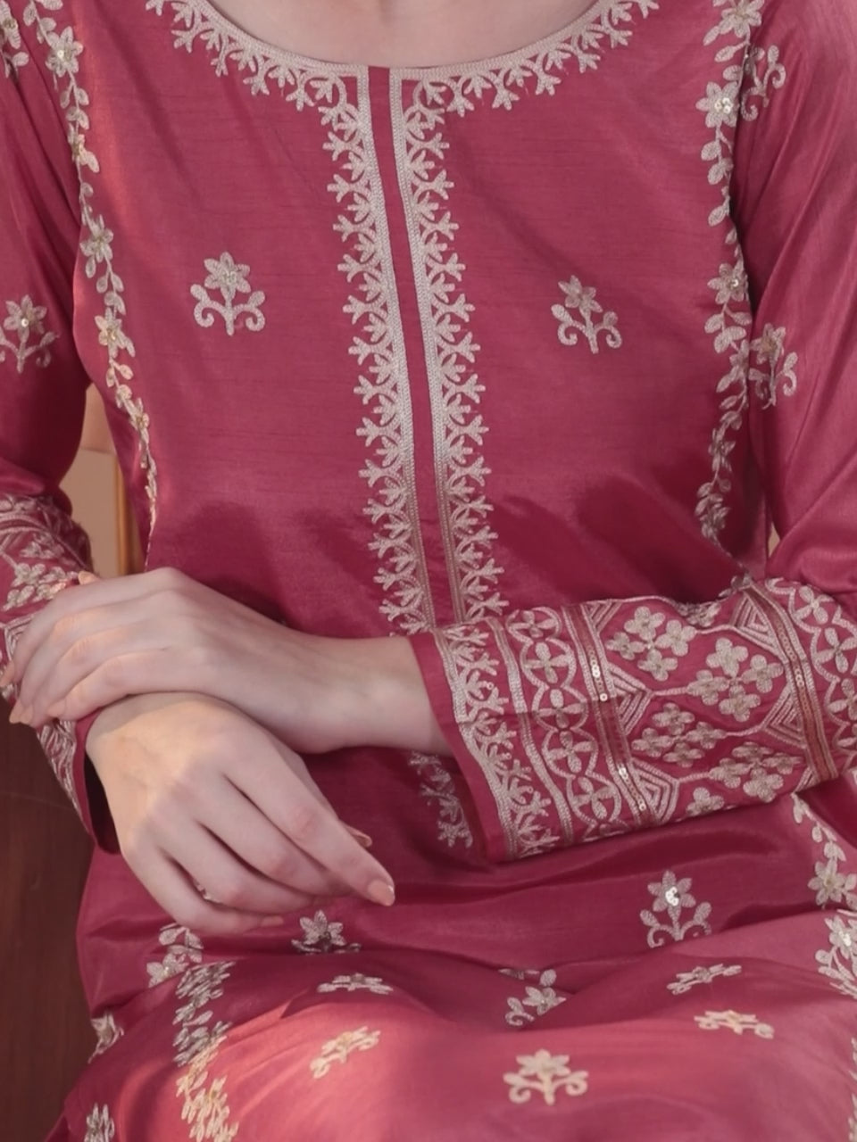  Coral Embroidered Silk Blend Straight Suit With Dupatta 