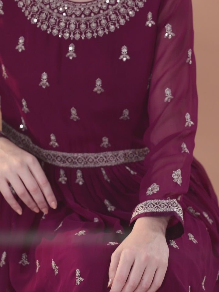 Purple Embroidered Georgette A-Line Kurta With Palazzos & Dupatta