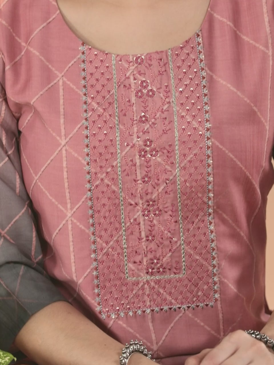  Peach Yoke Design Silk Blend Straight Kurta With Trousers & Dupatta 