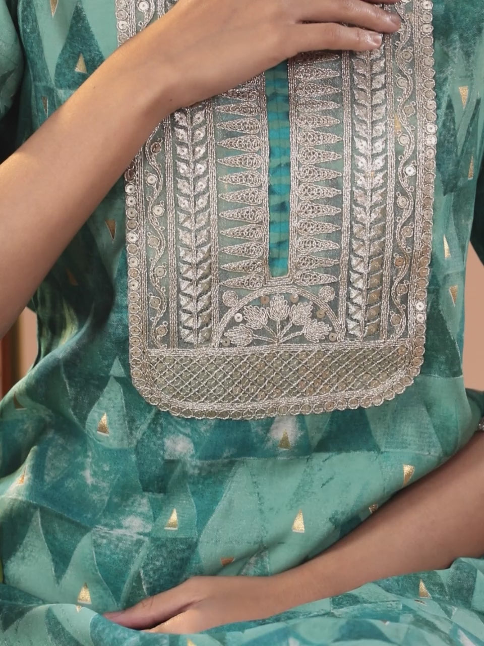  Teal Yoke Design Silk Blend Straight Kurta With Trousers & Dupatta 