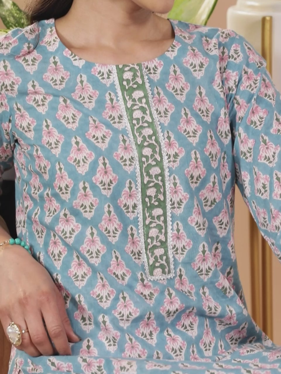  Blue Printed Cotton Straight Kurta With Trousers & Dupatta 