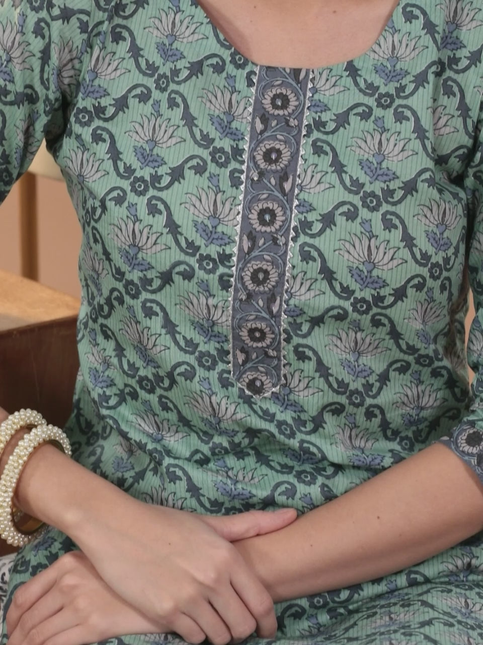  Green Printed Cotton Straight Kurta With Trousers & Dupatta 