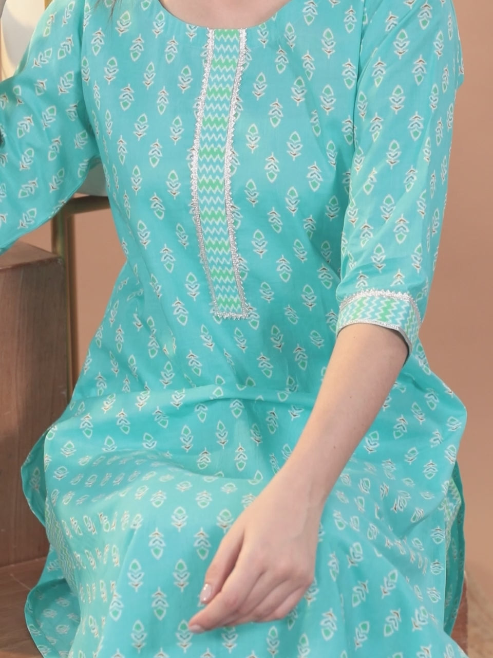 Turquoise Blue Printed Cotton Straight Kurta With Trousers & Dupatta