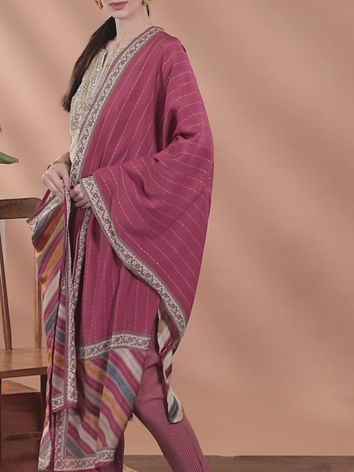 Multicoloured Yoke Design Silk Blend Straight Kurta With Trousers & Dupatta