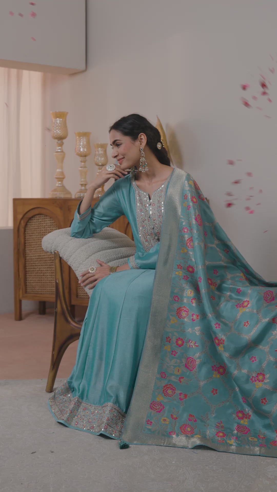  Blue Embroidered Silk Blend A-Line Suit Set With Dupatta 