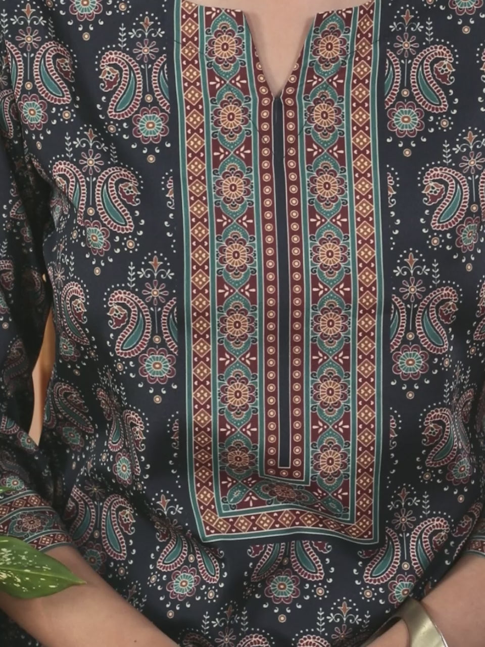  Navy Blue Printed Crepe Straight Kurta With Trousers & Dupatta 