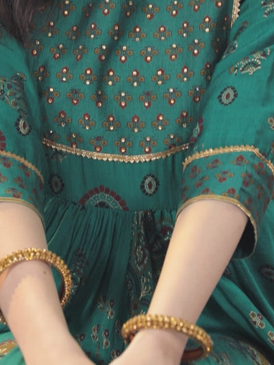 Green Printed Silk Blend Anarkali Kurta With Trousers & Dupatta