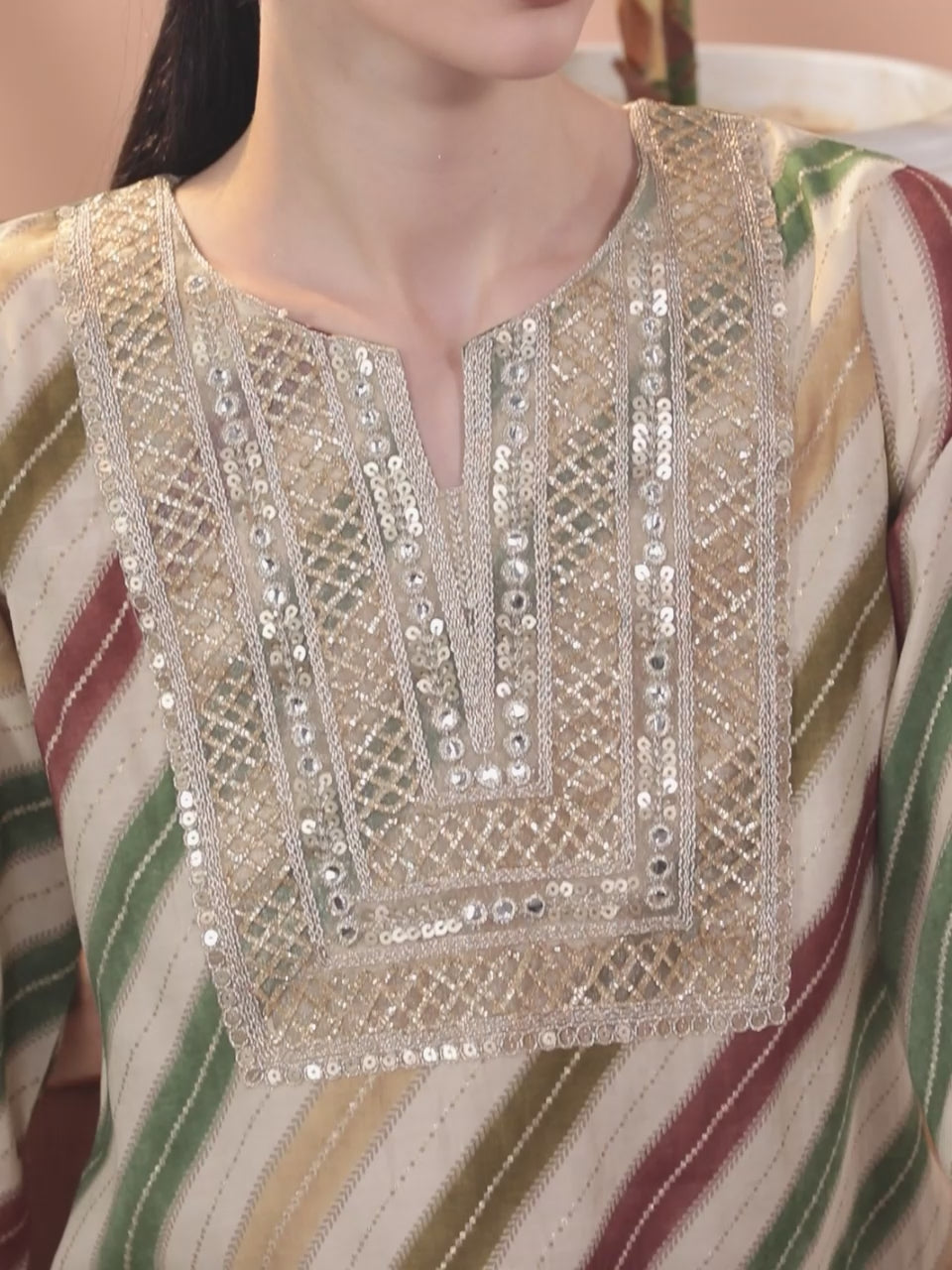  Multicoloured Yoke Design Silk Blend Straight Kurta With Trousers & Dupatta 